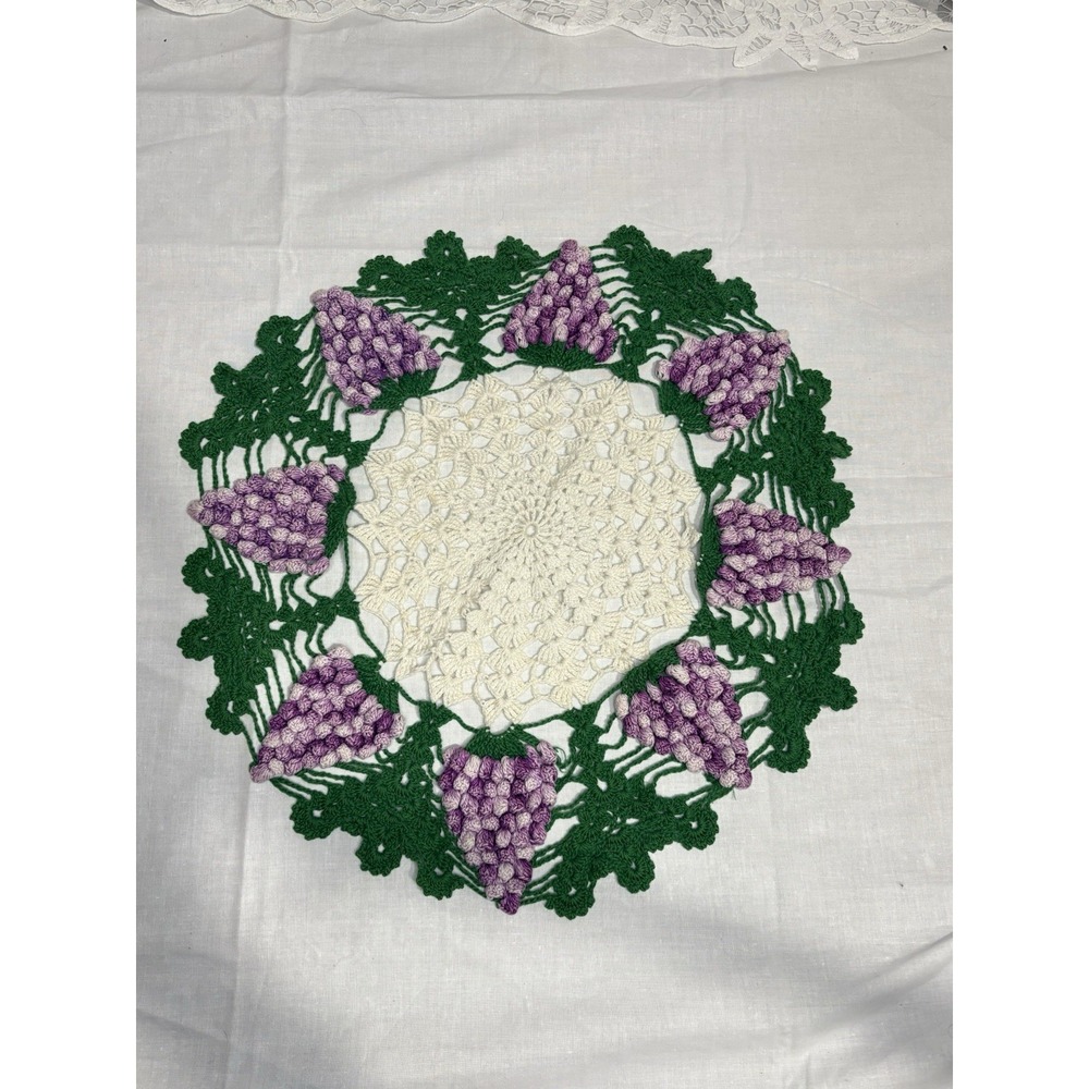 Vintage Hand-Crocheted Doily –‎ Purple Grapes & Green Leaves Popcorn Stitch 13''
